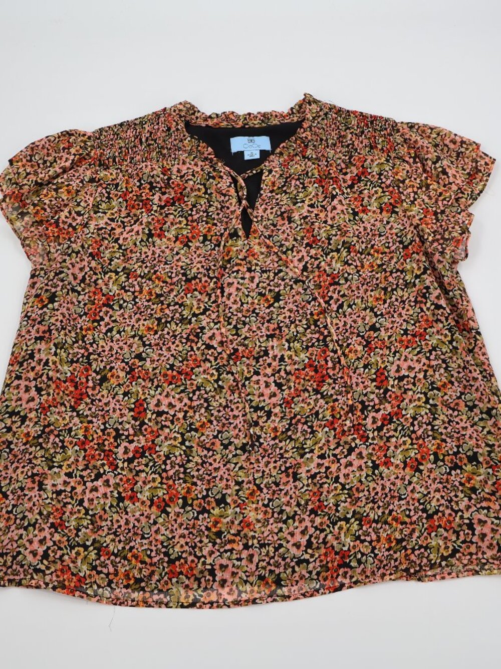 CeCe Floral Smocked Blouse Womens Medium Pink‎ Orange Ruffle Cap Sleeve Chiffon